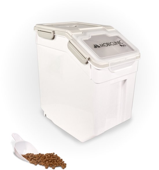 Mobiclinic Feedpet - Conteneur d'alimentation - 20 L - 8 KG - Tonneau d'alimentation avec couvercle - Fermeture hermétique - Avec roulettes - Y compris pelle et cuillère doseuse - Wit