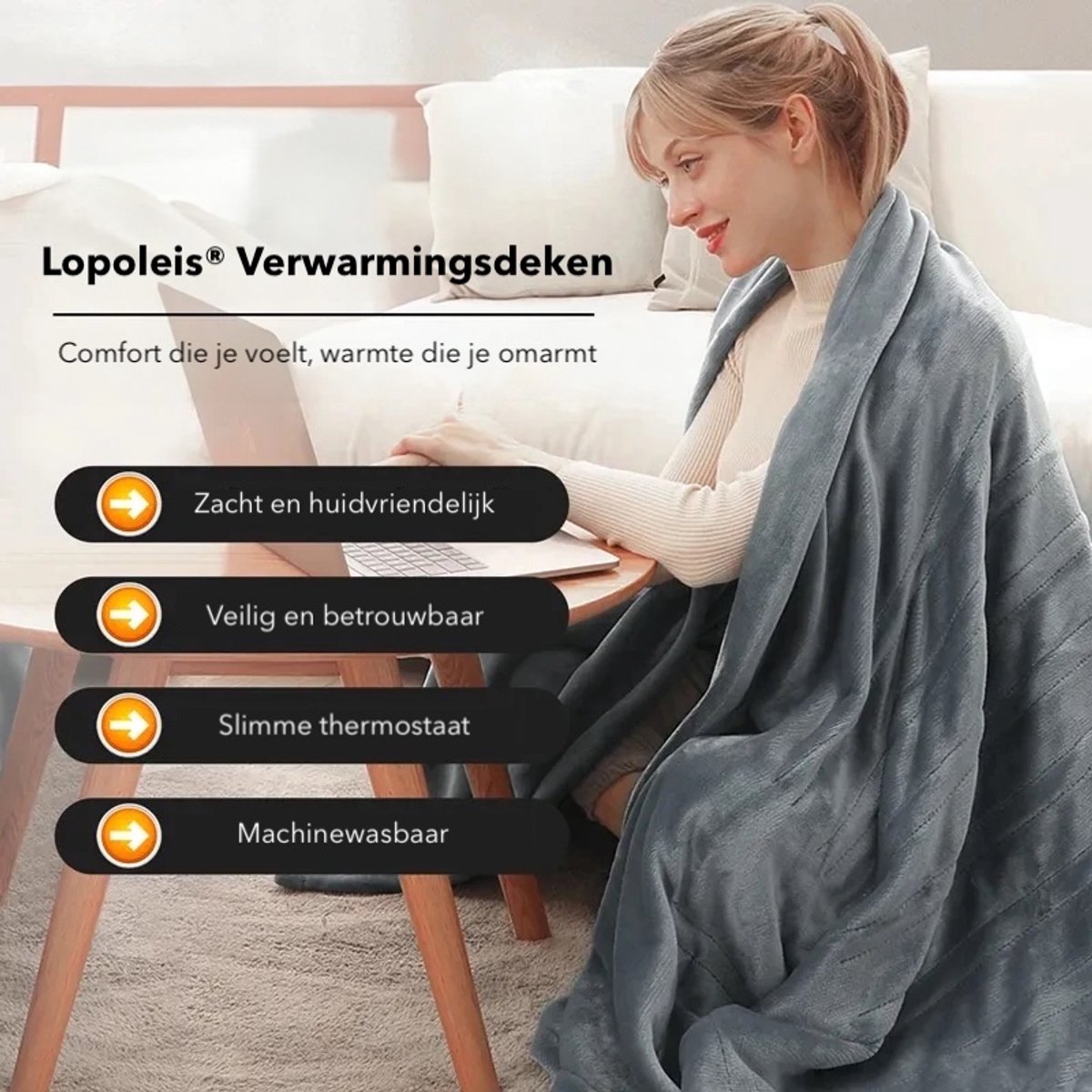 Lopoleis® Elektrische Deken XXL 180x150 cm – Verwarmingsdeken – Infrarood Warmtedeken – Micropluche Fleece – 150W – Grijs – foto 5
