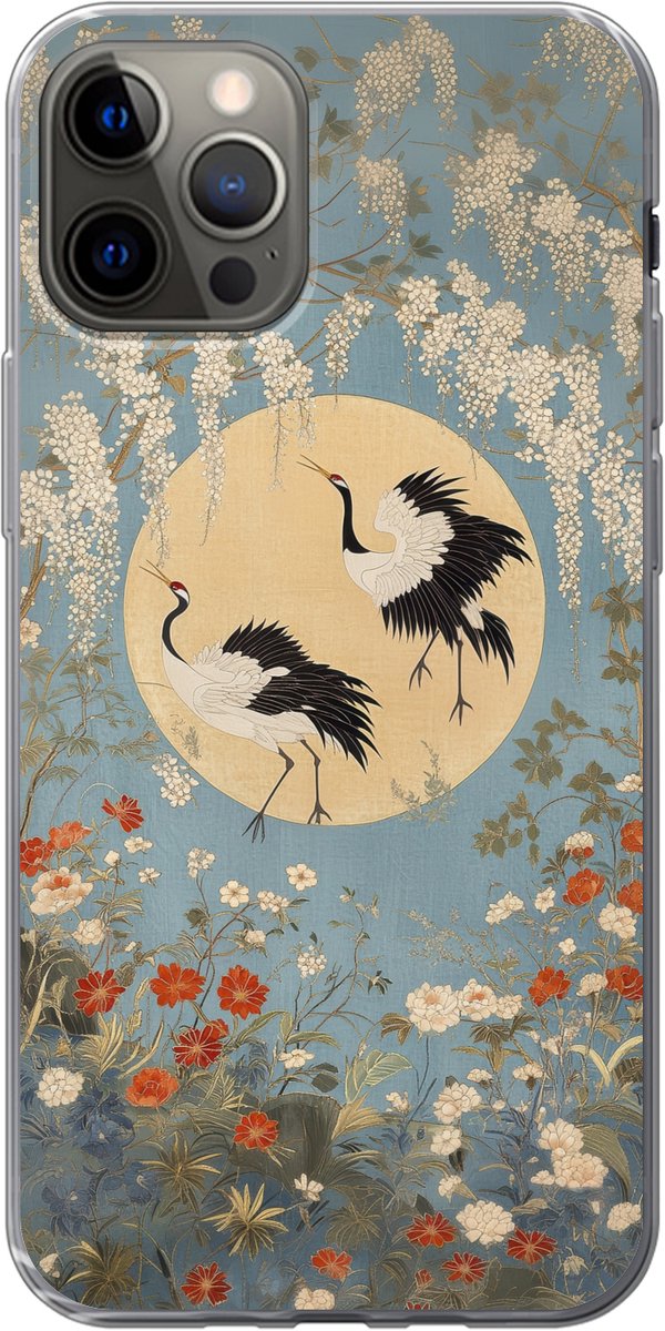 Telefoonhoesje Geschikt voor iPhone 13 Pro hoesje - Kraanvogels - Maan - Bloemen - Blauw - Siliconen Telefoonhoesje Telefoonhoesje