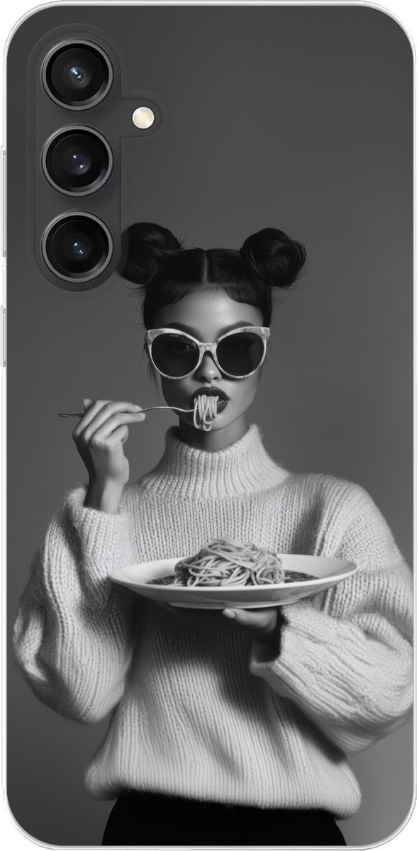 Telefoonhoesje Geschikt voor Samsung Galaxy S23 FE hoesje - Vrouw - Pasta - Zonnebril - Siliconen Telefoonhoesje Telefoonhoesje