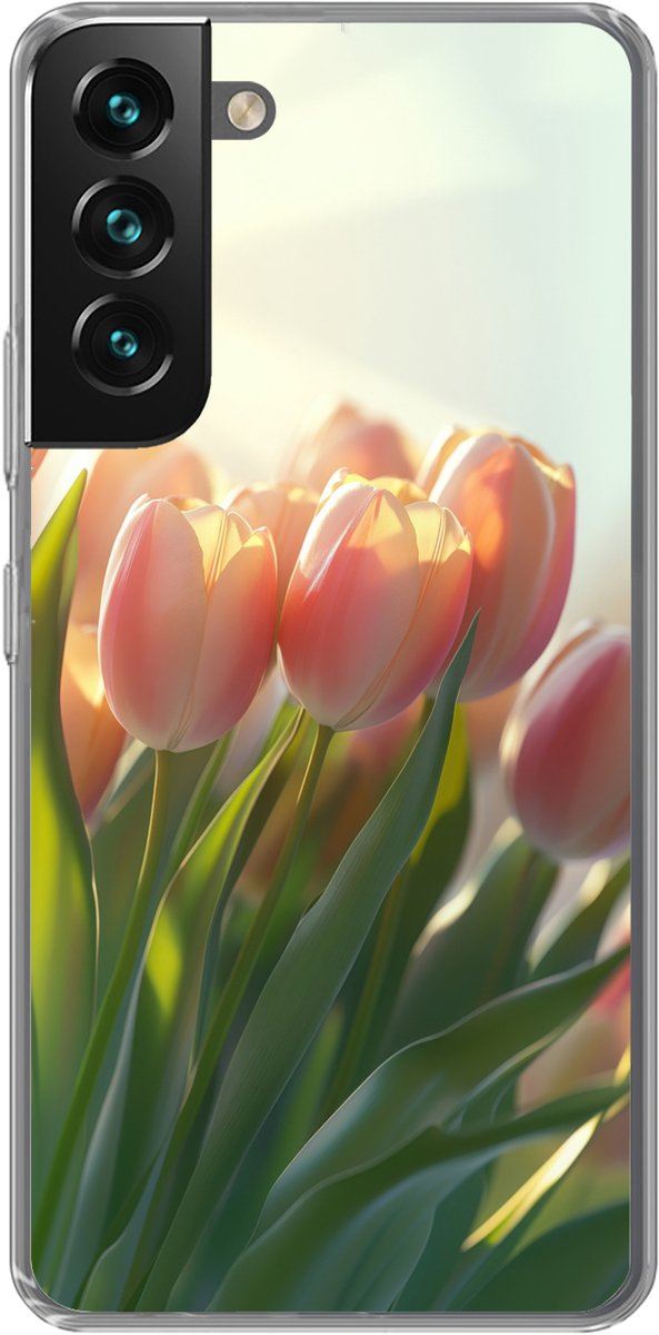 Telefoonhoesje Geschikt voor Samsung Galaxy S22 Plus hoesje - Tulpen - Roze - Zonnestralen - Siliconen Telefoonhoesje Telefoonhoesje
