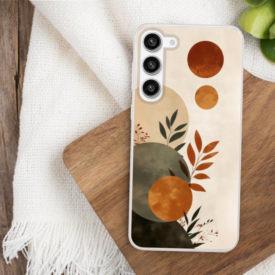 Coque de téléphone compatible avec Samsung Galaxy S23 Plus - Formes - Rond - Feuilles - Beige - Coque en Siliconen