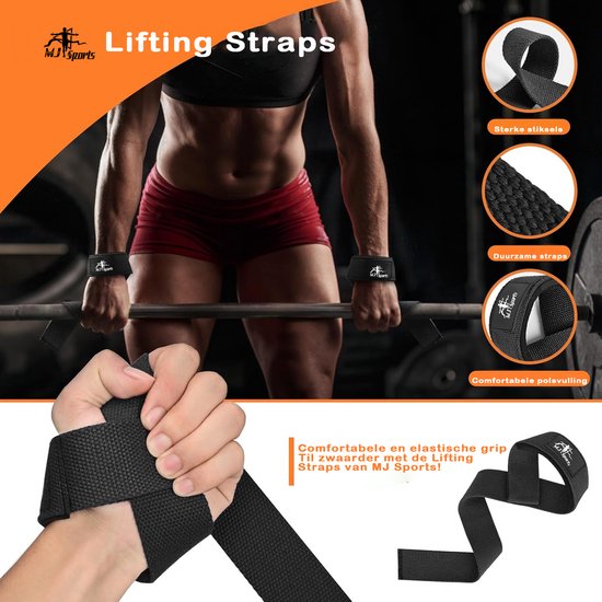 Set de sangles de levage MJ Sports Premium - Poignées de levage (2 pièces) - Rembourrage - Crochets - Fitness - Powerlifting - Musculation - Deadlift