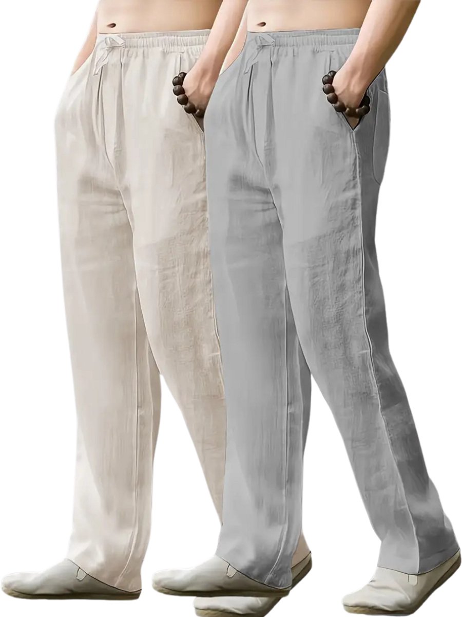 Bovista Linnen Broek Heren Zomerbroek Volwassenen Lange Broek Pantalon Strandbroek Zomer Ibiza Stijl 2 Stuks & Lichtgrijs Beige