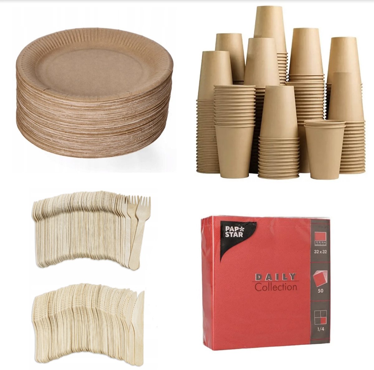 250 stuks x Houten wegwerp bestek set eco/milieubewust – 50 bruine kartonnen borden 23cm + 50 kartonnen bekers 240ml+ 50 Vorken 16cm + 50 messen 16cm+ 50 servetten rood 32x32cm Feest/verjaardag/BBQ picknick