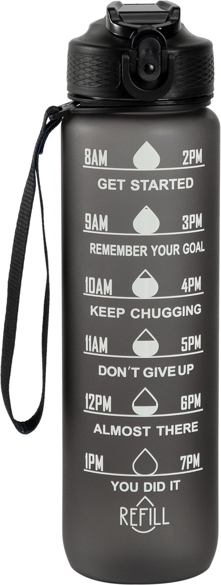 Motivatie Waterfles Zwart - 1 Liter Drinkfles - Waterfles met Rietje - Waterfles met tijdmarkering - BPA Vrij - Volwassenen - Drinkfles Kinderen - Box-On