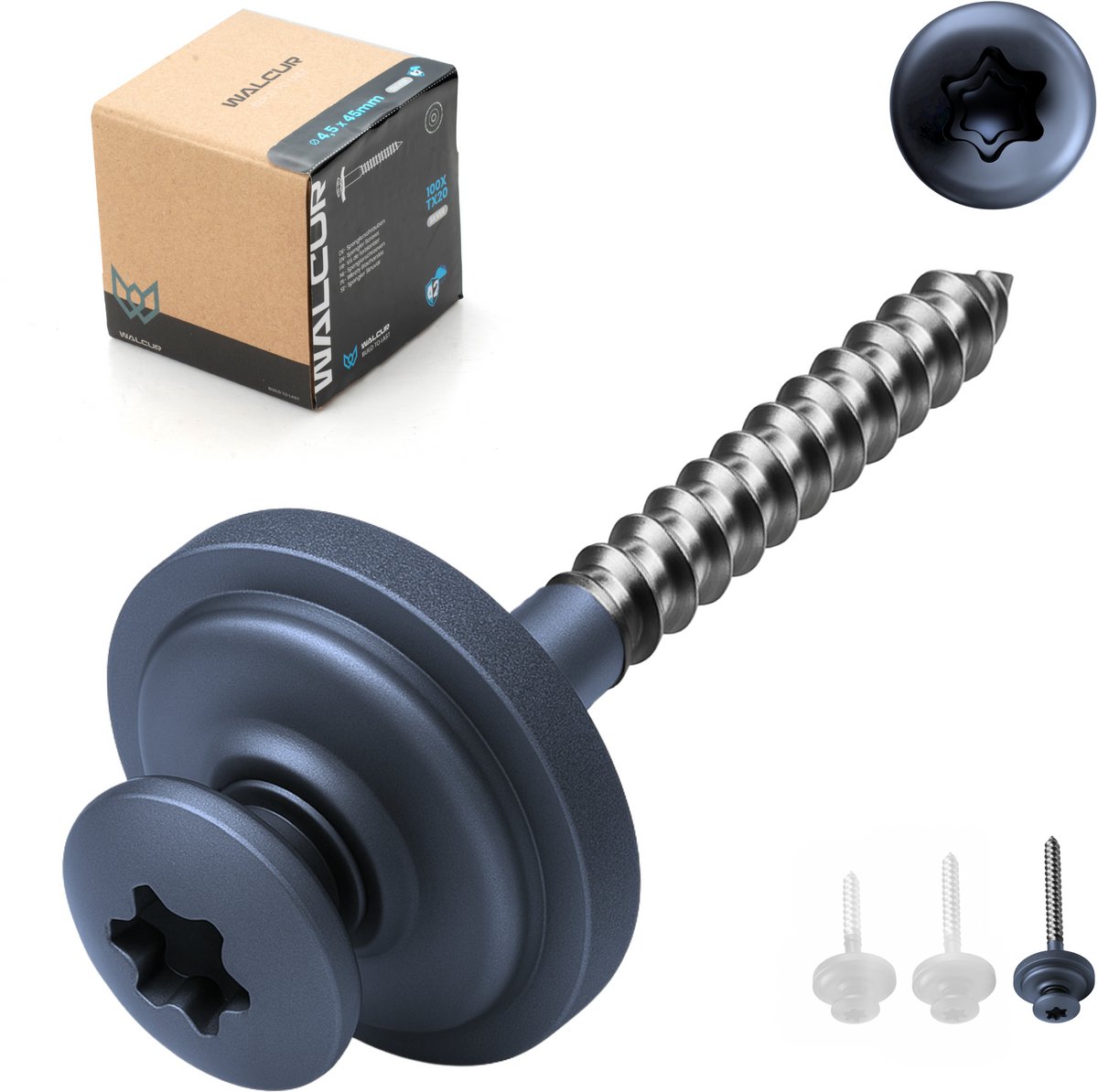 WALCUR Spenglerschroeven 4,5 x 45 mm - RVS Antraciet met EPDM-ring - Zelfborend Torx T20 - 100 stuks
