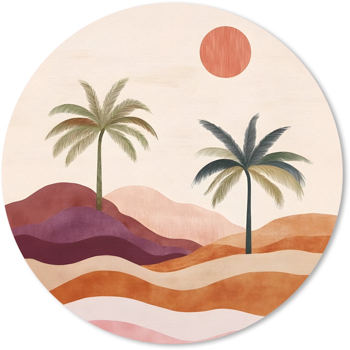 Muismat rond 30x30 cm - Mousepad Palmbomen - Abstract - Zon - Heuvels - Ronde muismatten