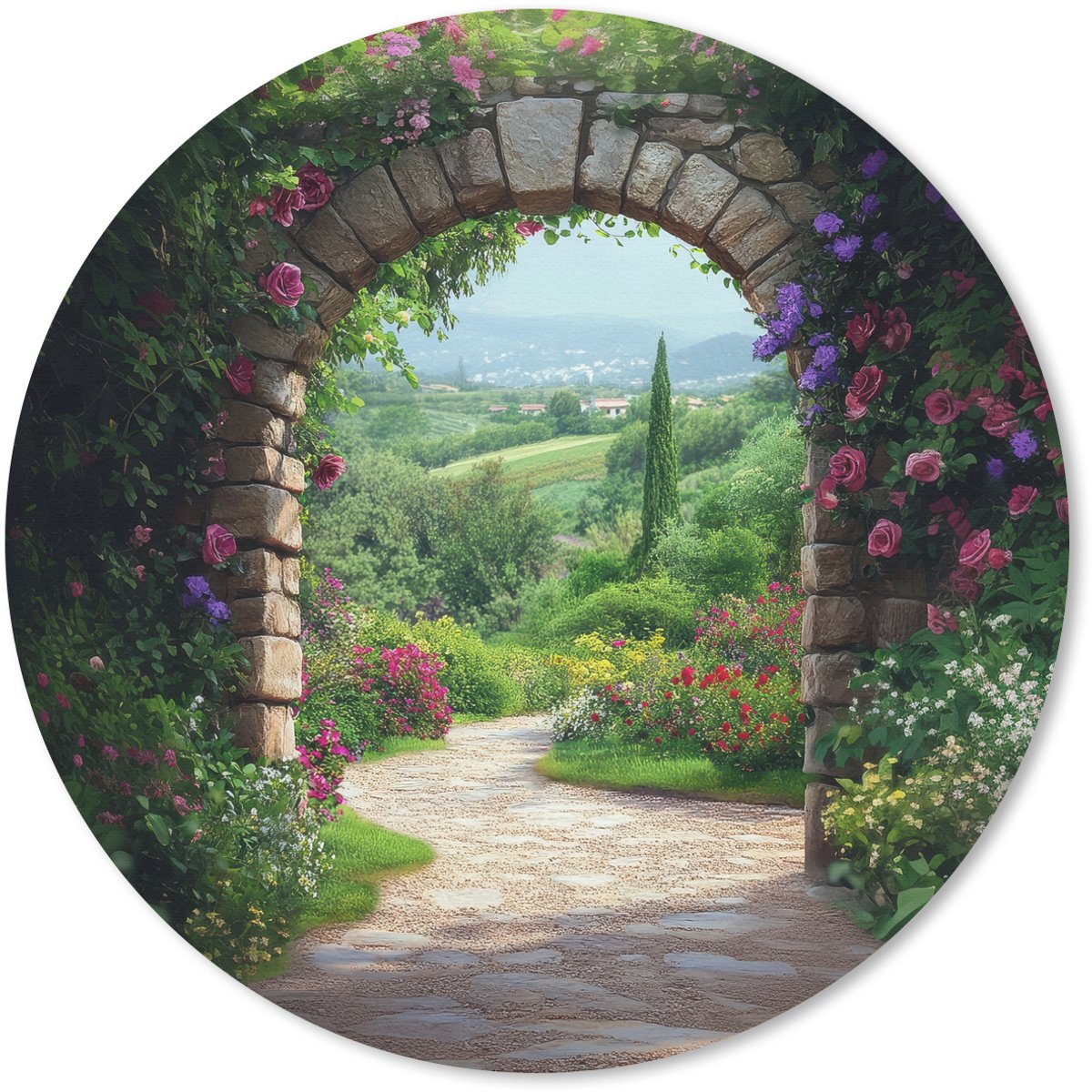 Muismat rond 50x50 cm - Mousepad Doorkijk - Landschap - Bloemen - Pad - Uitzicht - Ronde muismatten