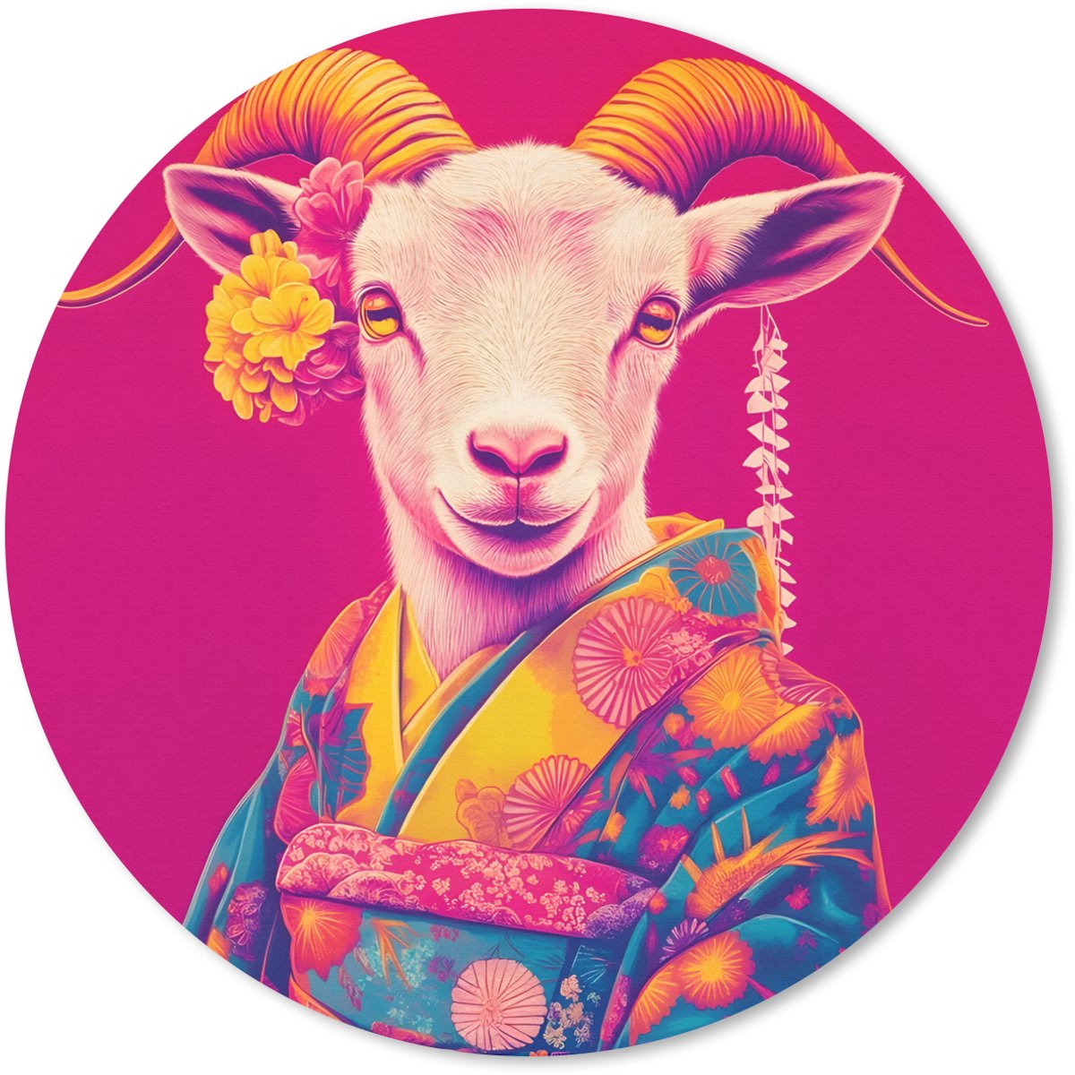 Muismat rond 40x40 cm - Mousepad Geit - Hoorns - Kimono - Kleurrijk - Ronde muismatten