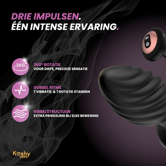 Zwarte, geribbelde anale stimulator met 360° rotatie, dubbele ritmes en ribbelstructuur.