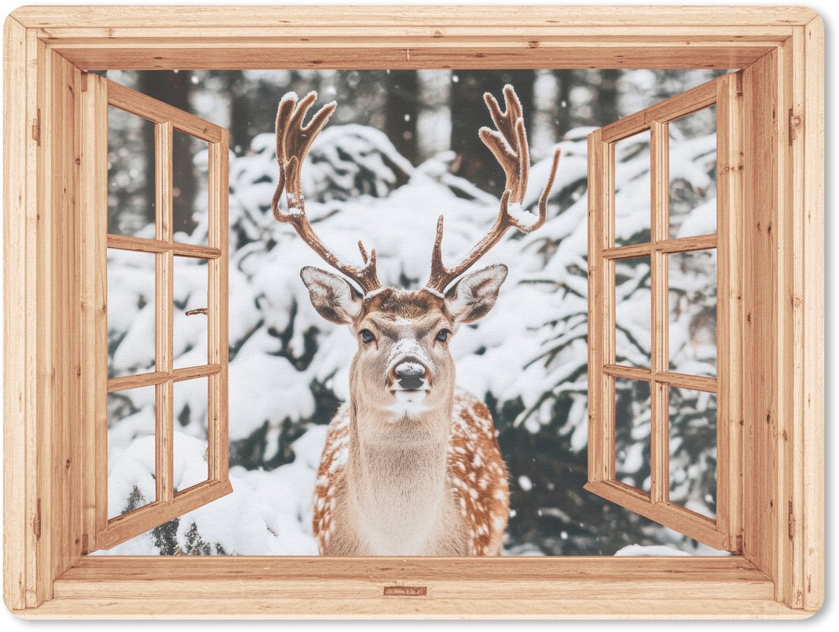 Muismat 23x19 cm - Mousepad Doorkijk - Hert - Sneeuw - Winter - Bos - Dieren - Muismatten