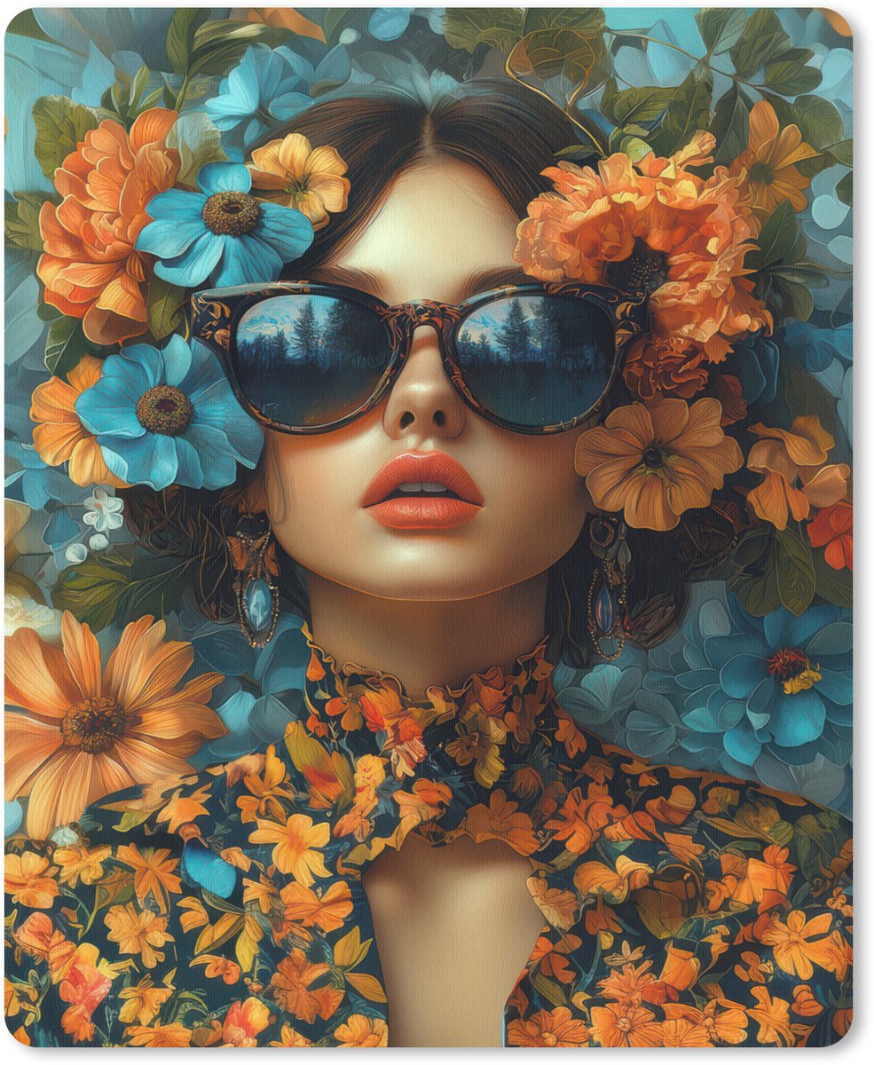 Muismat 19x23 cm - Mousepad Vrouw - Bloemen - Oranje - Blauw - Modern - Muismatten