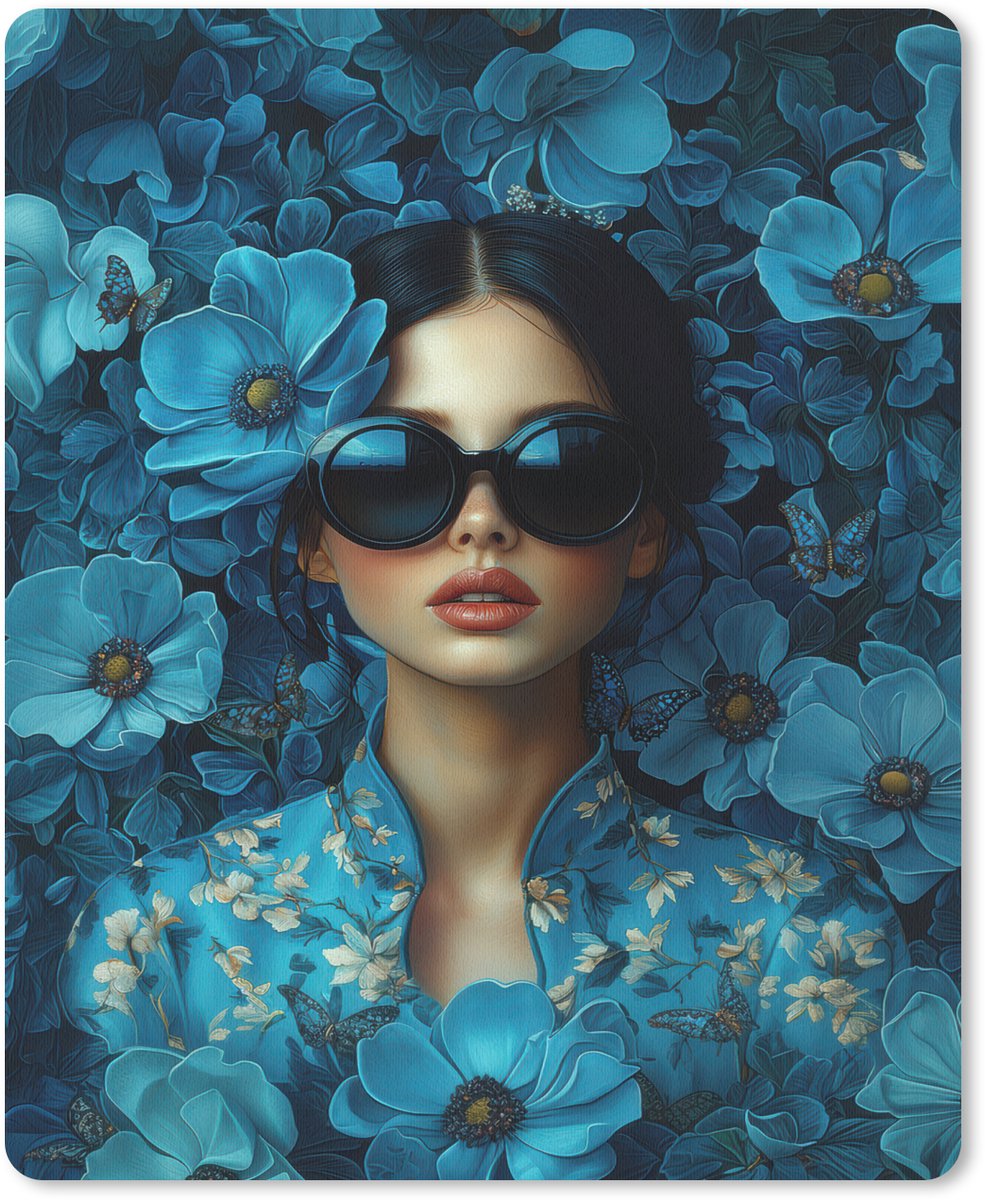 Muismat 19x23 cm - Mousepad Vrouw - Bloemen - Blauw - Aesthetic - Luxe - Muismatten