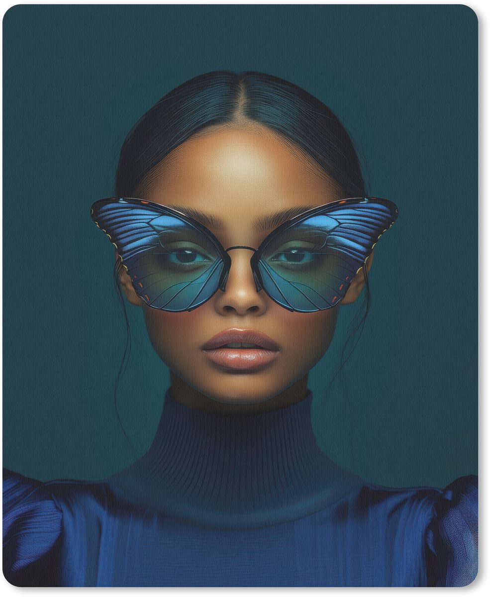 Muismat 19x23 cm - Mousepad Vrouw - Vlinder - Bril - Blauw - Modern - Portret - Muismatten