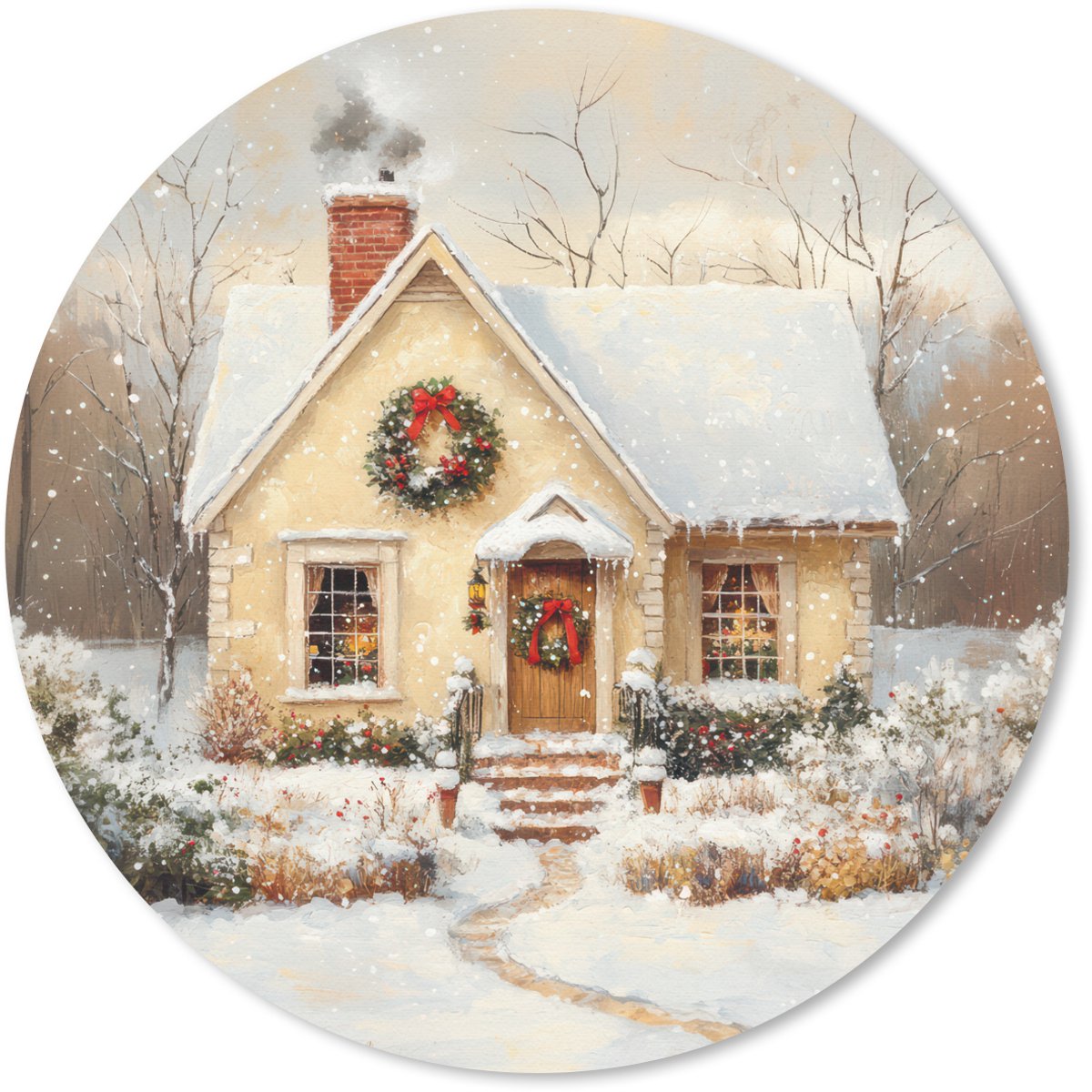 Muismat rond 40x40 cm - Mousepad Kerst - Huis - Winter - Sneeuw - Ronde muismatten