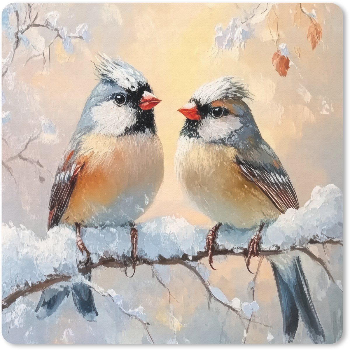 Muismat 30x30 cm - Mousepad Vogels - Tak - Winter - Sneeuw - Muismatten