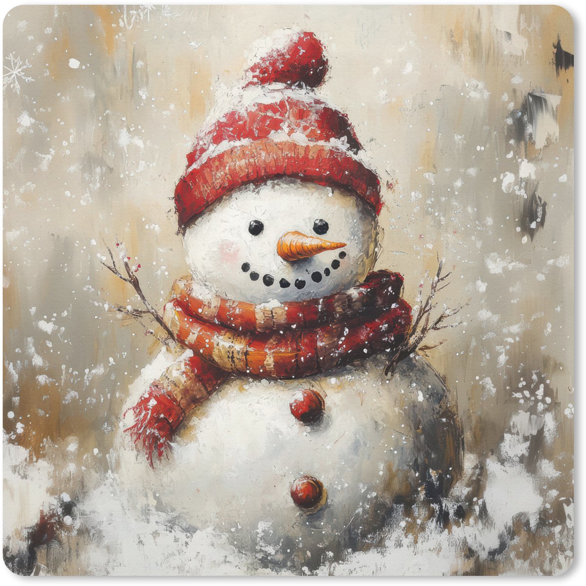 Muismat 20x20 cm - Mousepad Sneeuwpop - Winter - Sneeuw - Beige - Muismatten