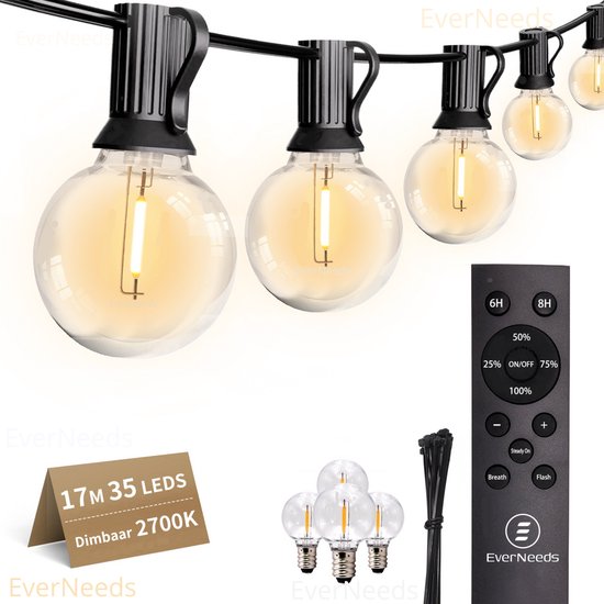 EverNeeds Lichtsnoer Voor Buiten - 17 Meter - 35 LED - Afstandsbediening - Met Dimfunctie - Lichtslinger - Sfeerverlichting Buiten en Binnen - Tuinverlichting - Lampjes Slinger - IP44 - 2700K - 4 Extra LEDs