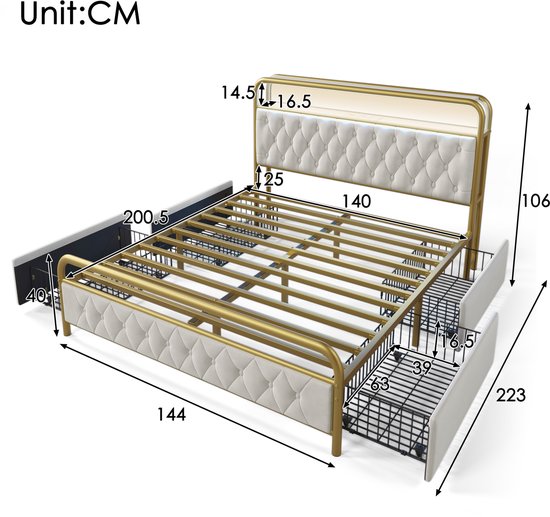 Polsterbett - Doppelbett - avec chargement USB Type C Fonction de chargement - APP-Control LED Bettgestell - Metallbett - 140x200 - Bettrahmen - 4 étagères - Samt - Sans Matras