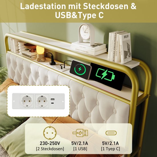 Polsterbett - Doppelbett - avec chargement USB Type C Fonction de chargement - APP-Control LED Bettgestell - Metallbett - 140x200 - Bettrahmen - 4 étagères - Samt - Sans Matras