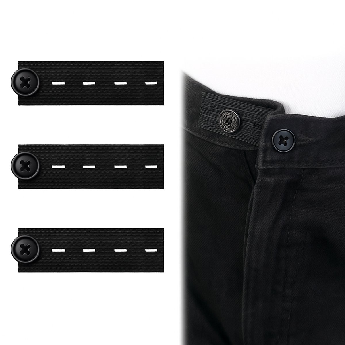 Consumerce® Elastische Knoopsgat Verlanger – 3 Stuks – Zwart – Broekverbreder – Buikband – Knoopsgaten Elastiek – Broek Verbreder – Zwangerschapsbroek Verlenger – Knoopsgatverlenger – Broeken Jeans