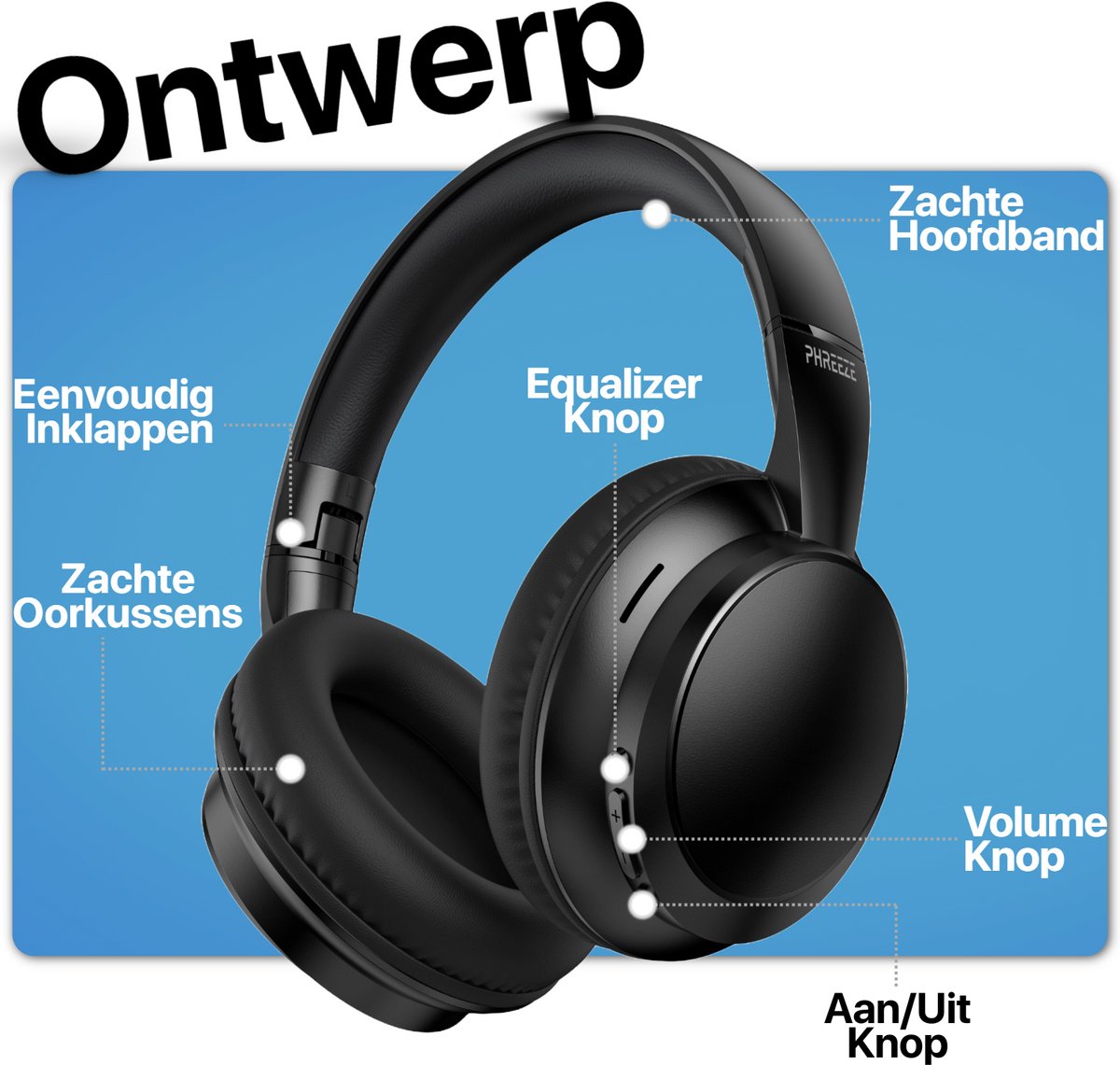 Afbeelding 2 van Opvouwbare Koptelefoon Draadloos - Equalizer & Bluetooth 5.4 - Inklapbaar - Over-Ear Headset met Microfoon - 10 Uur Speeltijd - Zwart