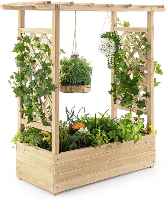 Jardinière avec portique - Bac à fleurs - Résistant aux intempéries - Avec treillis - Extérieur - Bois - Support à plantes - Rectangulaire - Bois naturel