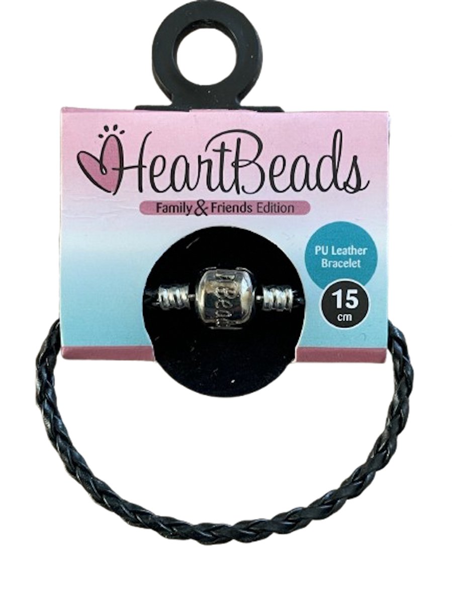 Heartbeads PU leren bedelarmband zwart 15 cm