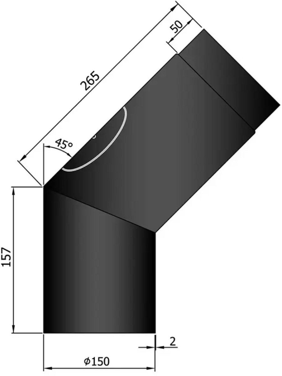 Kachelpijp Ø150 Bocht 45° - zwart - deur - lang / kort - staal - 2mm