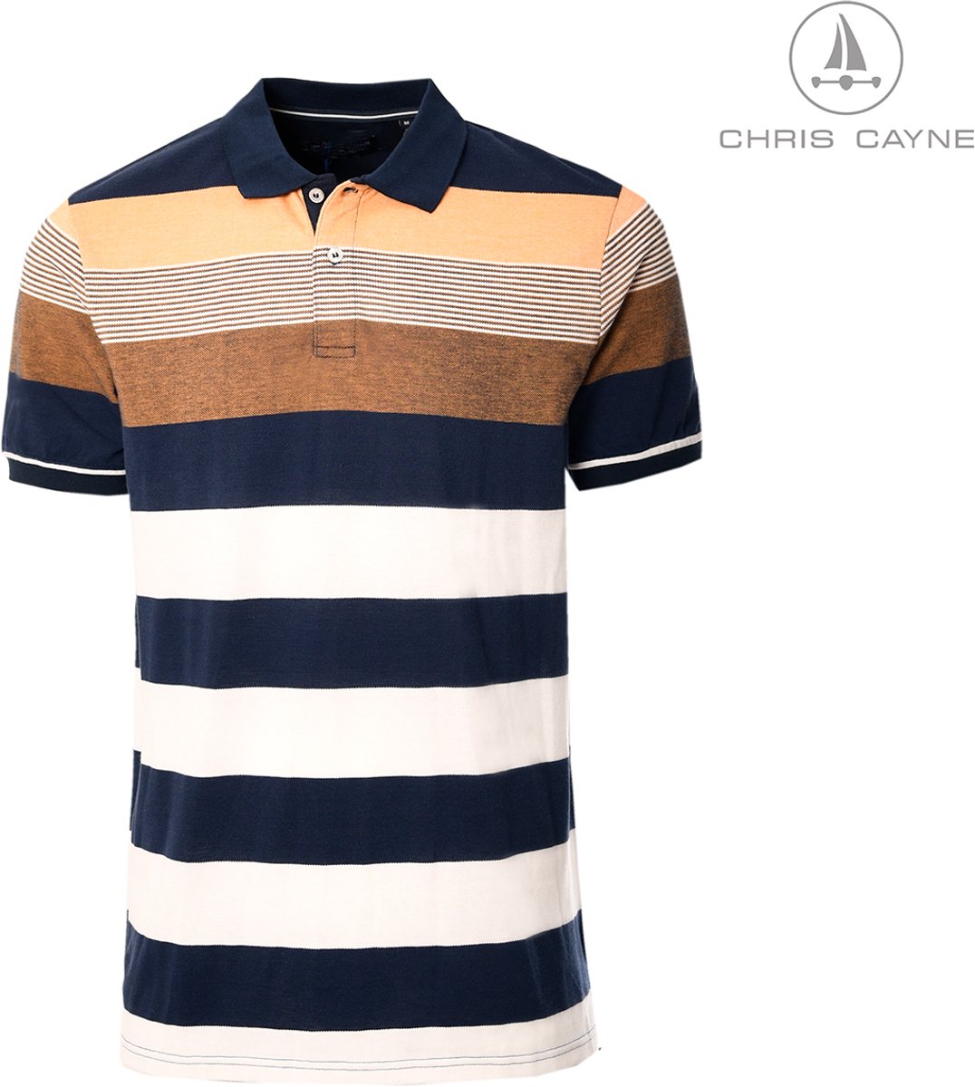 Chris Cayne heren polo - 4XL - offwhite/donkerblauw/bruin/zalm - poloshirt korte mouw - gestreept - pique - streeppatroon - grote maten