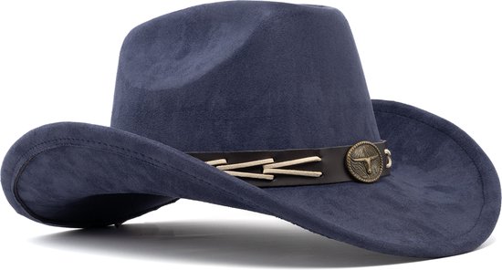 KIMU Cowboyhoed Donkerblauw Gevlochten Band - Donkerblauwe Cowboy Western Hoed Vlecht Dames Heren - Cowgirl Touw Carnaval