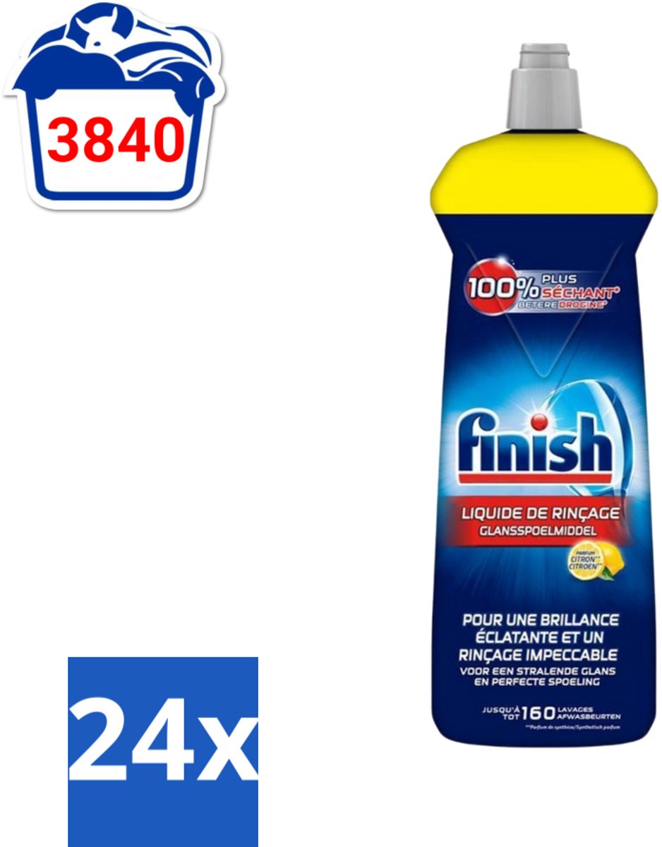 24 x Finish - Glansspoelmiddel - Citroen - Stralende glans - Tot 160 Afwasbeurten - 800 ml - Glansmiddel - Vaatwasser - Citroen - Glanzende Vaat - Snel Drogen