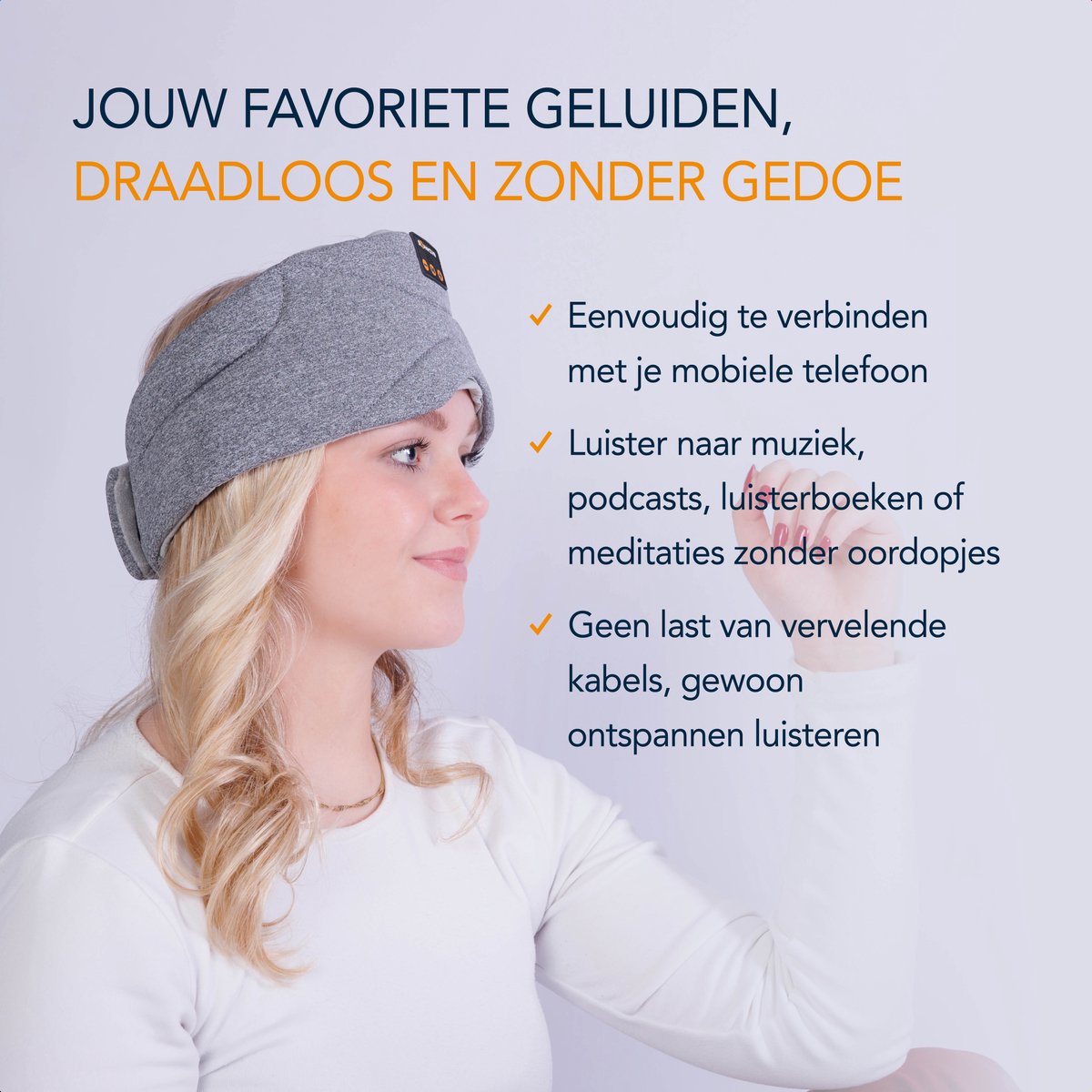 Slowwave Premium Bluetooth Slaapmasker - White Noise Versie (10 ingebouwde relax-geluiden) - Kleur: grijs - Met Binaural Beats - 100% verduisterend - Inclusief handige timer-functie - Koel en ademend - Platte 'spons speakers' voor zijslapers — afbeelding 7