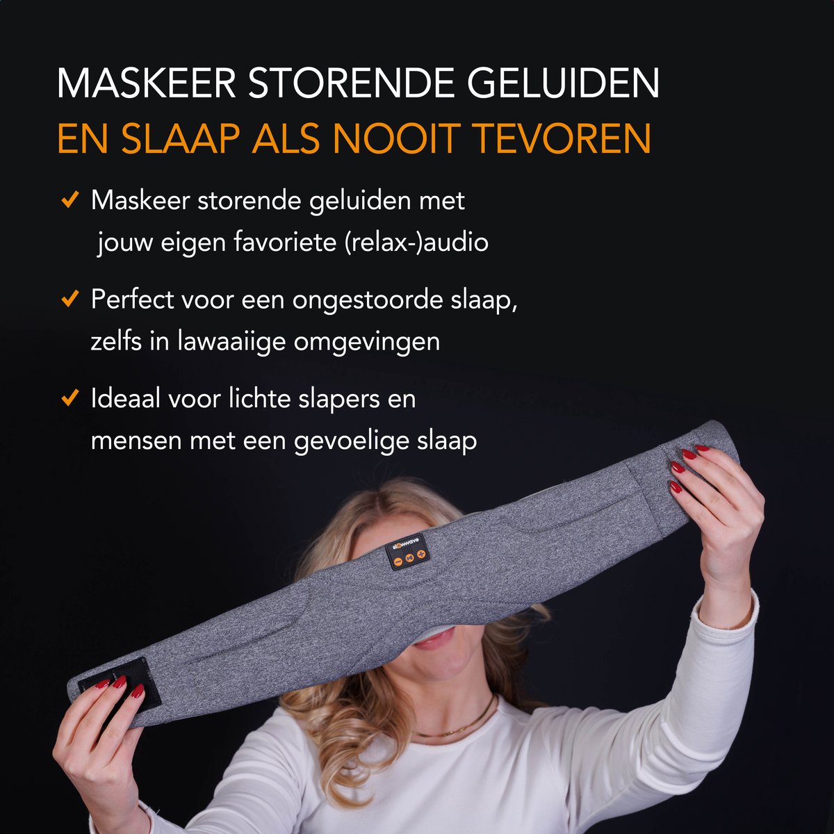 Slowwave Premium Bluetooth Slaapmasker - White Noise Versie (10 ingebouwde relax-geluiden) - Kleur: grijs - Met Binaural Beats - 100% verduisterend - Inclusief handige timer-functie - Koel en ademend - Platte 'spons speakers' voor zijslapers — afbeelding 6