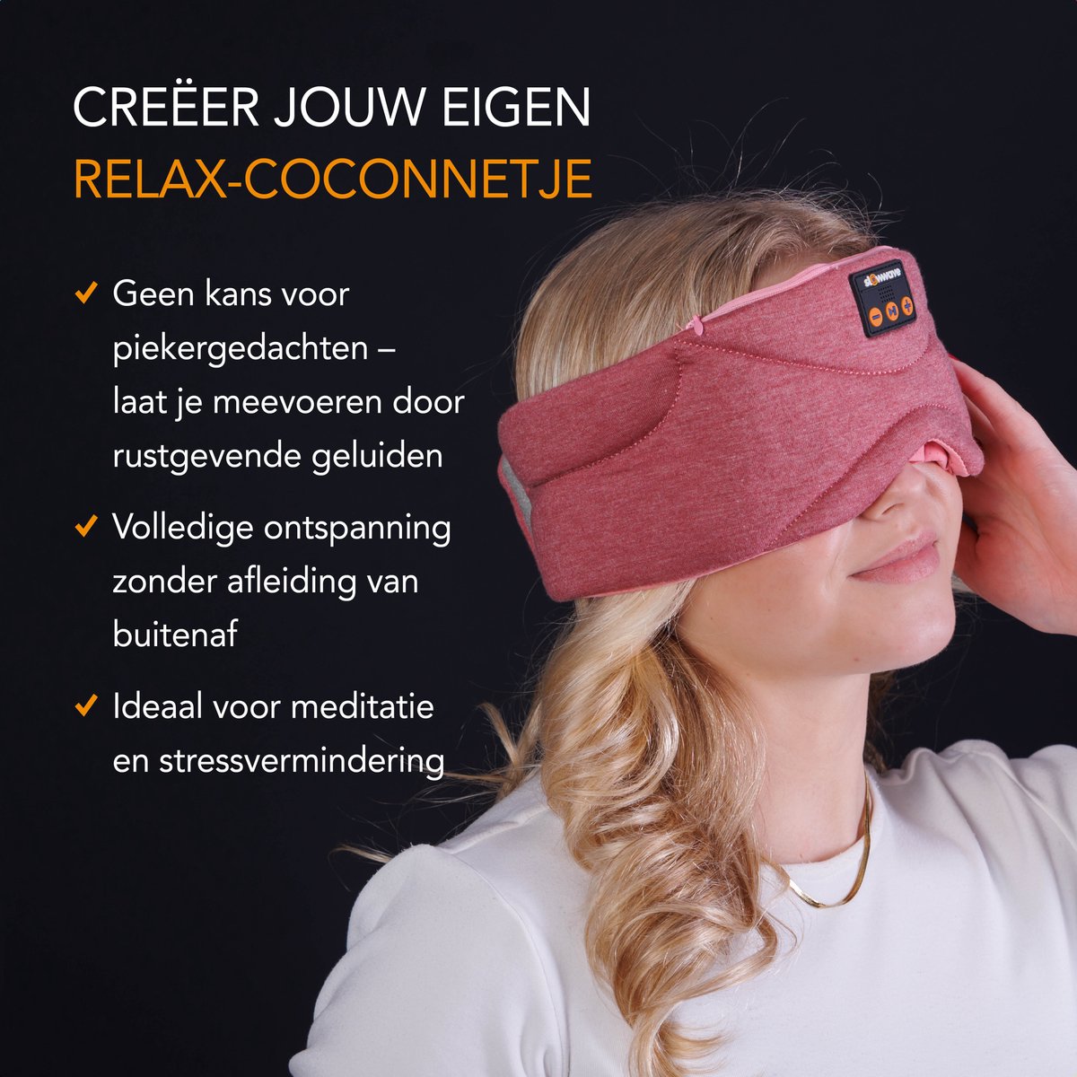 Slowwave Premium Bluetooth Slaapmasker - White Noise Versie (10 ingebouwde relax-geluiden) - Rose Quartz Edition - Met Binaural Beats - 100% verduisterend - Inclusief handige timer-functie - Koel en ademend - Platte 'spons speakers' voor zijslapers — afbeelding 11