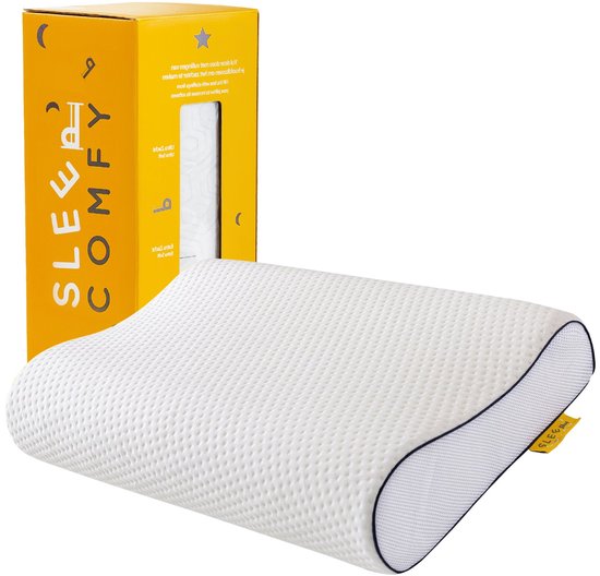 Wit traagschuim neksteunkussen naast een gele "Sleep Comfy" doos met opdruk.