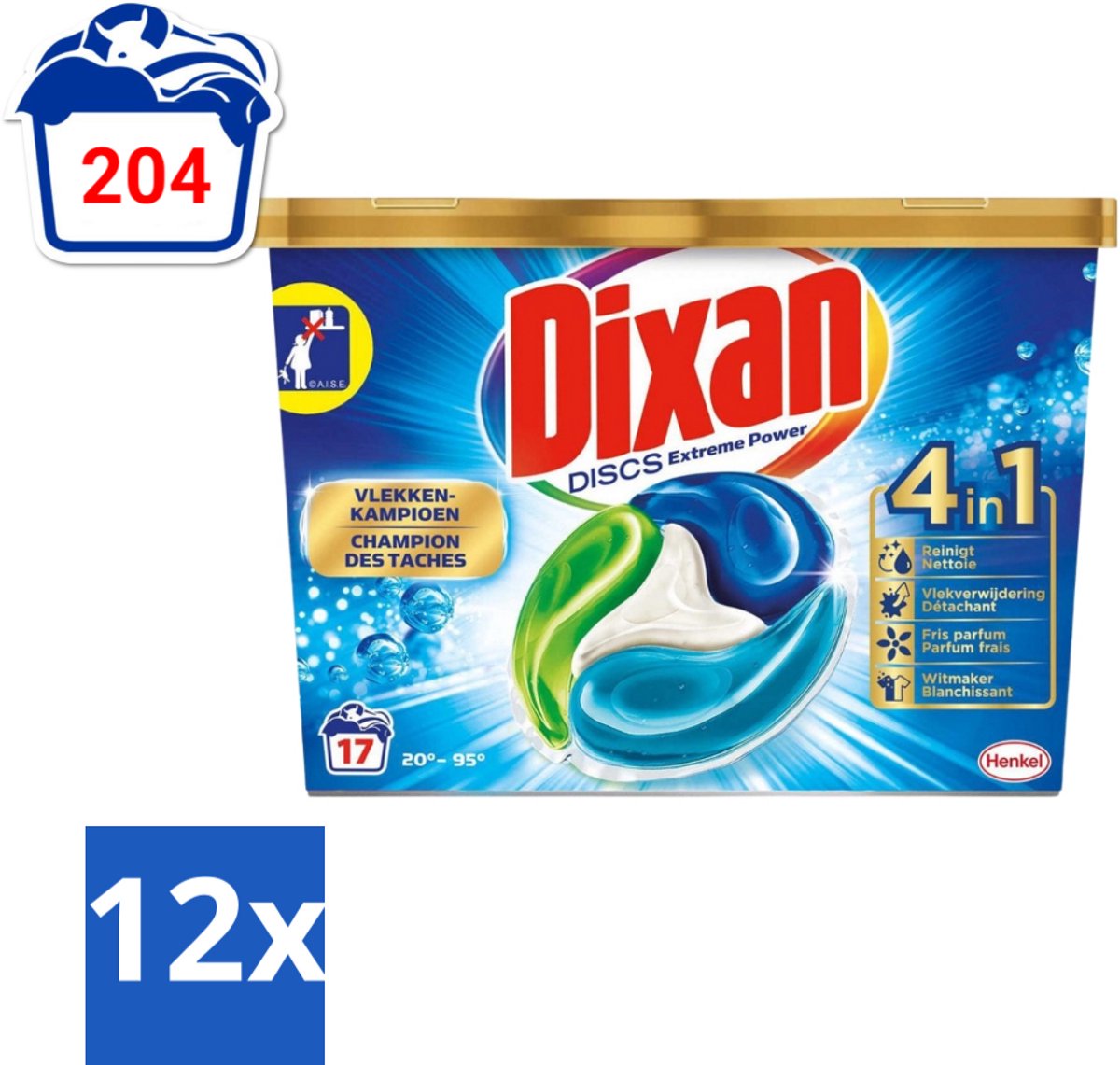 12 x Dixan Discs - Wasmiddelcapsules en Vlekverwijderaar - Extreme Power - Witte, Gekleurde & Zwarte Was - 17 Wasbeurten - Wasmiddelcapsules - Vlekkenverwijderaar - Wasmiddel - Dixan - Extreme Power