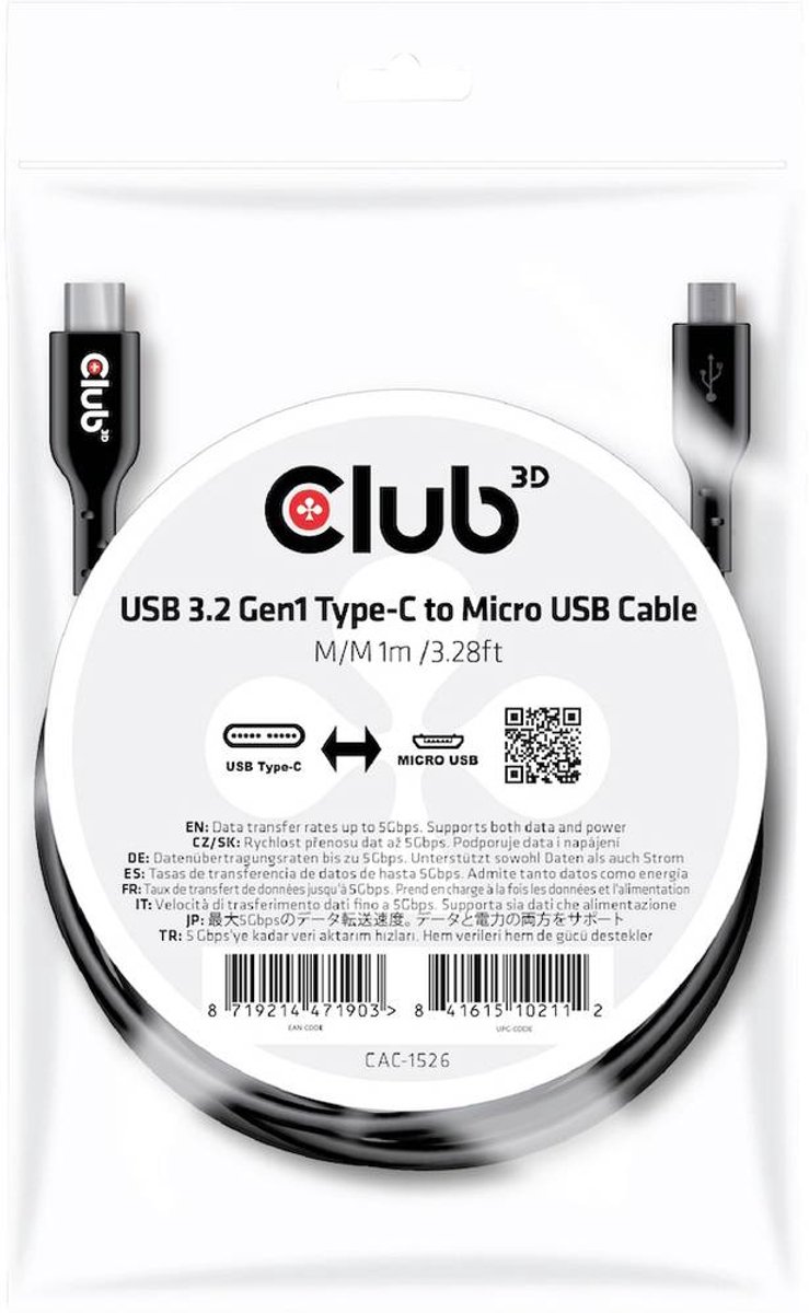 club3D CAC-1526 USB-kabel USB 3.2 Gen1 USB-C stekker, USB-micro-B stekker 1.00 m Zwart