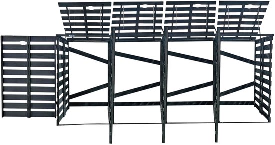Viervoudige containerberging van grijs hout met open deuren en deksels in een open positie.