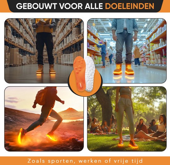 Collage van mensen in magazijnen, rennend en zittend in park, allen met gloeiende schoenen. "Gebouwd voor alle doeleinden."