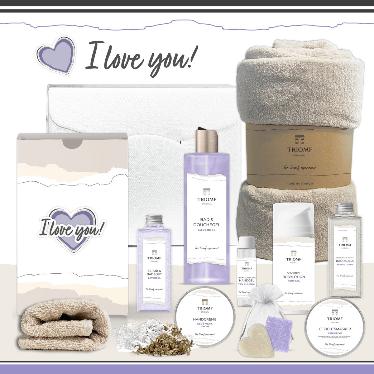 Geschenkset “I Love You!” - 10 producten - 1190 gram | Triomf Original Lavendel - Giftset voor haar Luxe Wellness Cadeau Ik hou van jou Cadeaupakket Vrouw Gift Woman Geschenk Pakket Vriendin Girlfriend Verjaardag Birthday Geschenk Moeder Set Paars