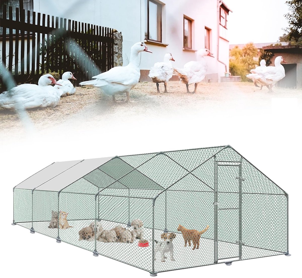 NAIZY Vrije uitloopren 3x8x2m volière kippenhok metaal 6m² pluimveekooien met zonwerend dak, kippenhek, deur & klink buitenren kippenhokken stabiele pluimveestallen voor kleine dieren & planten