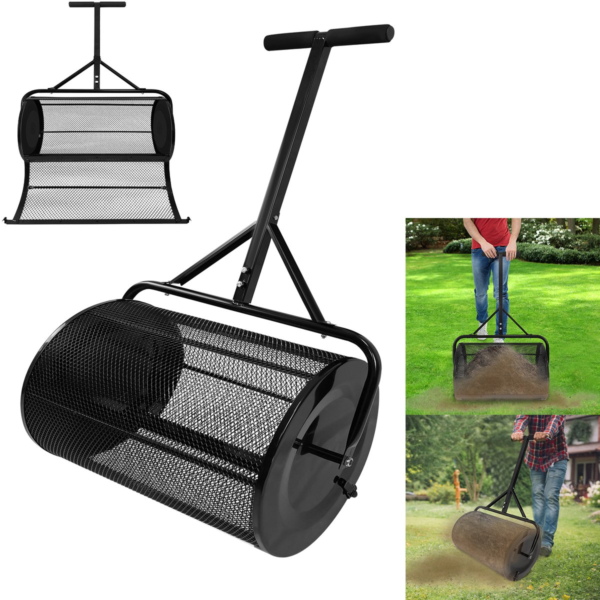 Compoststrooier 80L Grasstrooier Strooiwagen Strooimachine met Metalendraadmand en Handvat Tuinstrooier Meststofstrooier Veenmosstrooier Zaadstrooier Compoststrooier Grasmeststof voor Gazon en Tuin