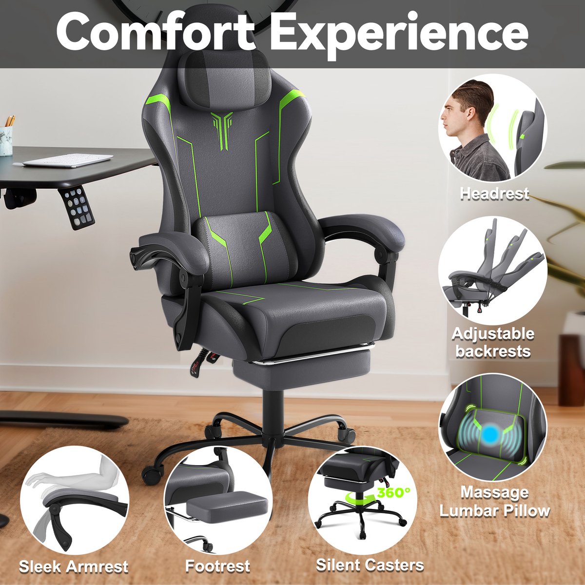 NAIZY Gamingstoel met Massage Grijs Ergonomisch met - afbeelding 3