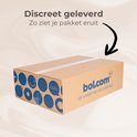 Zwarte kartonnen verzenddoos van bol.com met blauwe cirkels en logo.