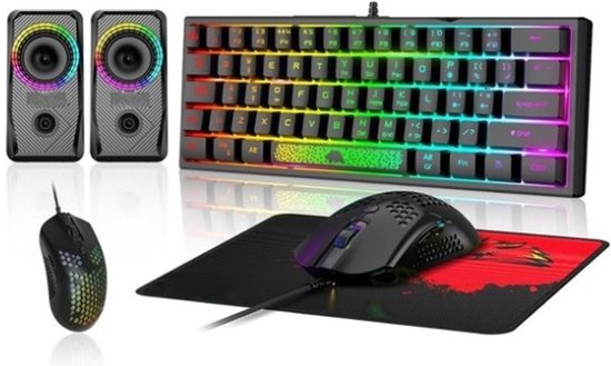StayPowered 60% Compact Gaming Set - Ultieme RGB Game-ervaring - Mechanische Feeling - QWERTY Layout - Honeycomb 3200 DPI Muis - 3D Stereo RGB Speaker - Verlichte Muismat - Plug & Play - Zwart - Levering Sneller dan Aangegeven!