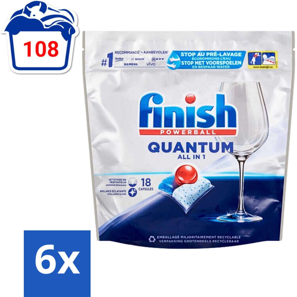 Finish Powerball - Quantum All in 1 - Vaatwastabletten - Stralende Glans - 18 Tabletten - Voordeelverpakking - 6 stuks