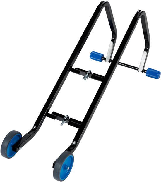 Zwarte ladderhaken met blauwe wielen en blauwe handvatten.