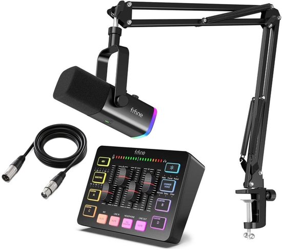 FIFINE - Starterspack 2.0 - AM8T & SC3 - Podcast Starterspack - Gaming Streaming - USB RGB Microfoon met Boom Arm - Streaming Deck - DJ Mixer - Incl XLR Kabel 3M
